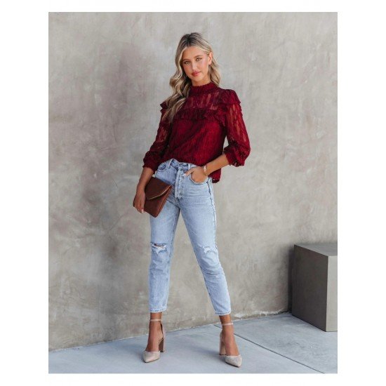  2022 Pure Color Lace Women's Long Sleeve Top