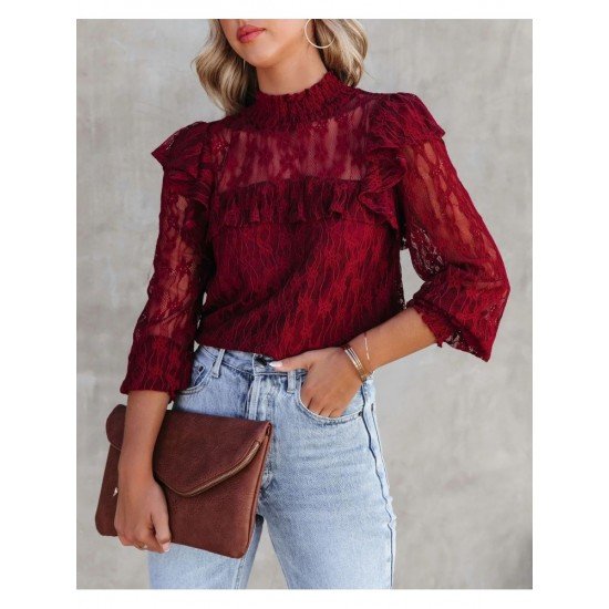  2022 Pure Color Lace Women's Long Sleeve Top