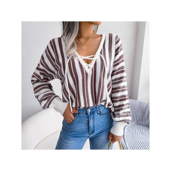  Casual Lantern Sleeve Bandage Striped Women's Sweater