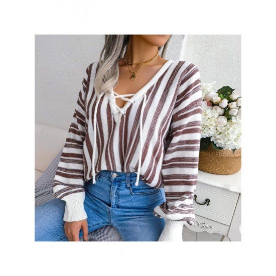  Casual Lantern Sleeve Bandage Striped Women's Sweater