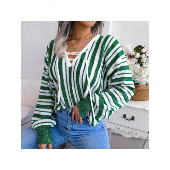  Casual Lantern Sleeve Bandage Striped Women's Sweater