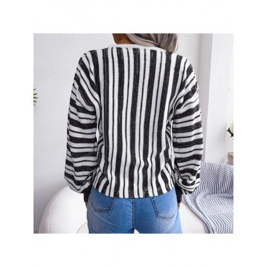  Casual Lantern Sleeve Bandage Striped Women's Sweater