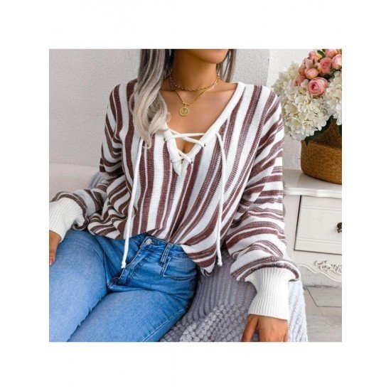  Casual Lantern Sleeve Bandage Striped Women's Sweater