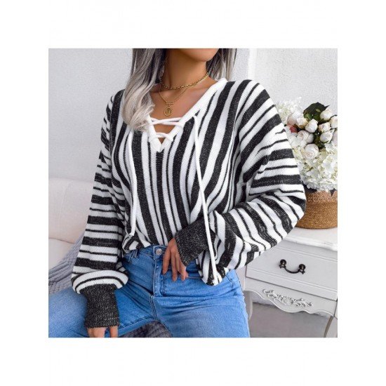  Casual Lantern Sleeve Bandage Striped Women's Sweater