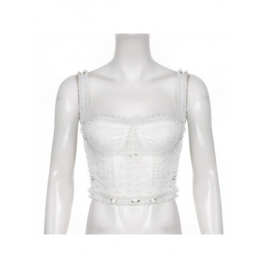 Ladies White Lace Patchwork Sleeveless Tops