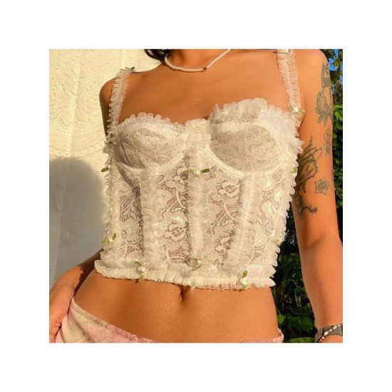 Ladies White Lace Patchwork Sleeveless Tops