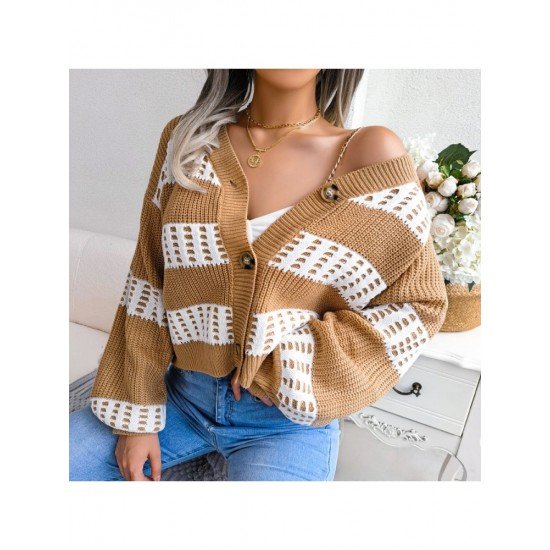  Fashion V Neck Contrast Color Women's Sweater