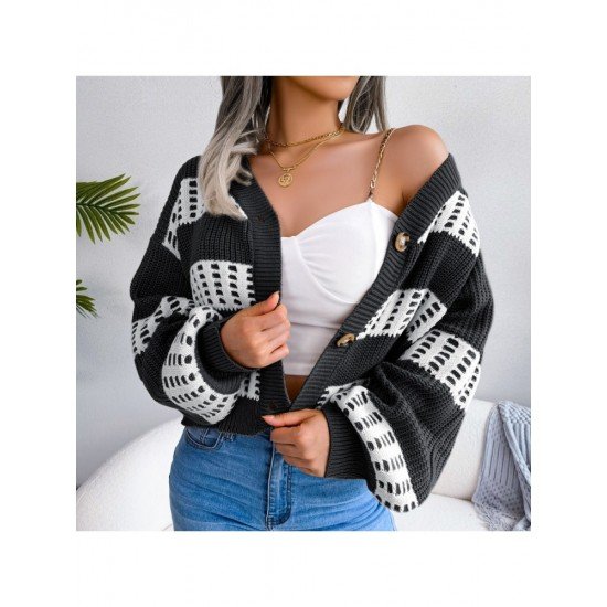  Fashion V Neck Contrast Color Women's Sweater