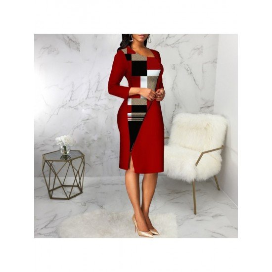  Fashion Printing Patchwork Women's Long Sleeve Dress