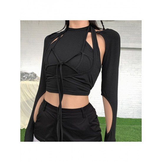 Cut Out Black Long Sleeve Designer Tops