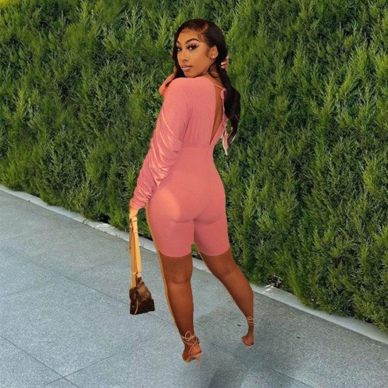  Sexy Pure Color Backless V Neck Long Sleeve Rompers