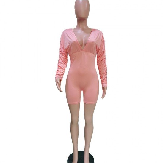  Sexy Pure Color Backless V Neck Long Sleeve Rompers