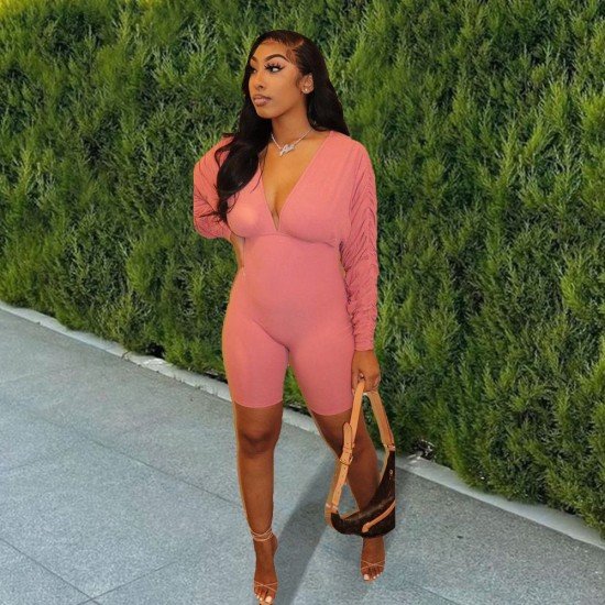  Sexy Pure Color Backless V Neck Long Sleeve Rompers