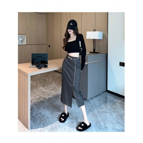  2022 Autumn Split Hem Skirt With Waist Chain