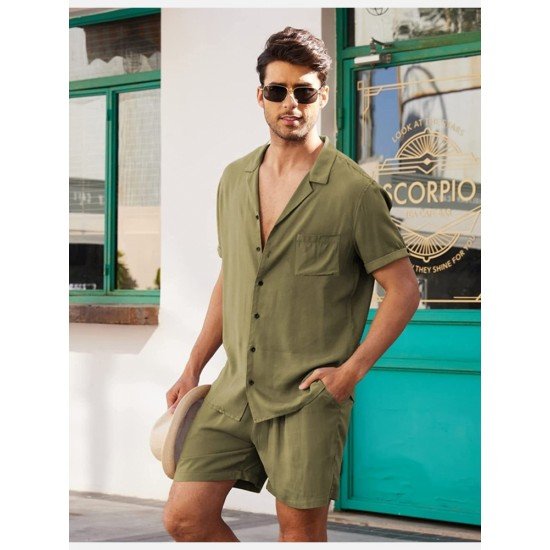 Casual Plain Linen Button Shirt Shorts Set Men