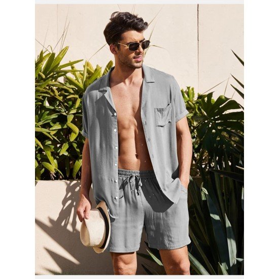 Casual Plain Linen Button Shirt Shorts Set Men