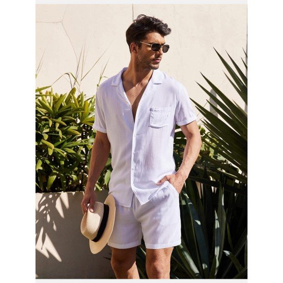 Casual Plain Linen Button Shirt Shorts Set Men