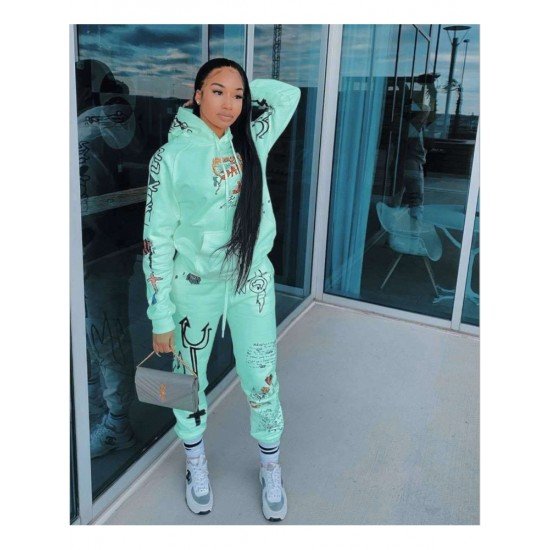  Casual Graffiti Printing Hooded Women's Trouser Two-Piece Suit