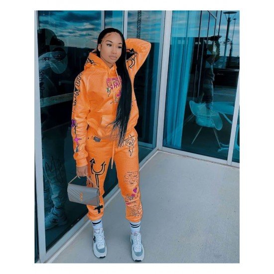  Casual Graffiti Printing Hooded Women's Trouser Two-Piece Suit