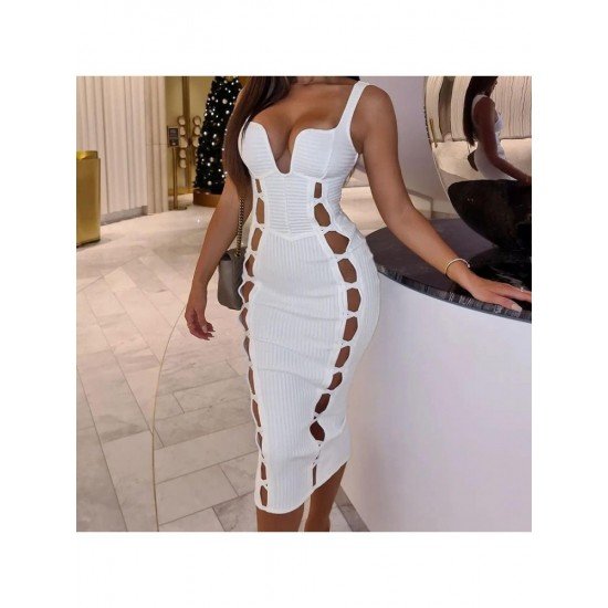 Cut Out Sleeveless Solid Midi Dresses