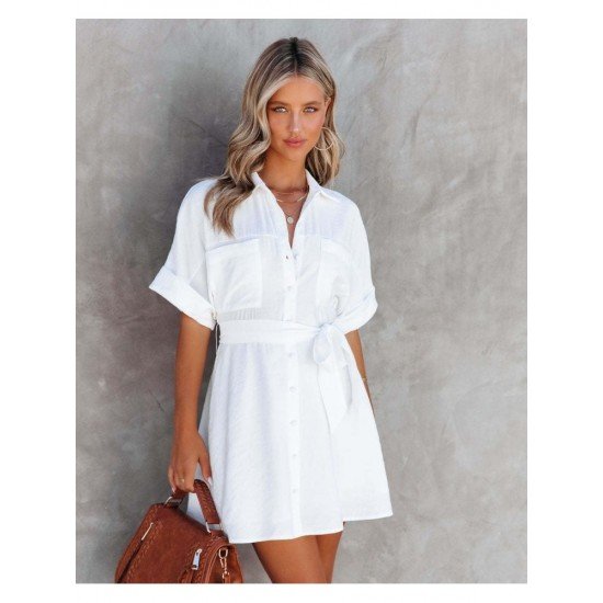 Casual Summer White Short Sleeve Shirt Dress