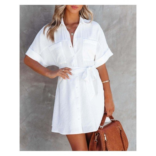 Casual Summer White Short Sleeve Shirt Dress