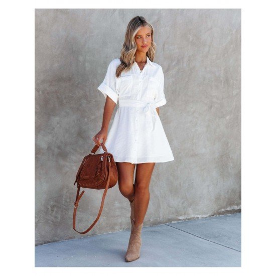 Casual Summer White Short Sleeve Shirt Dress