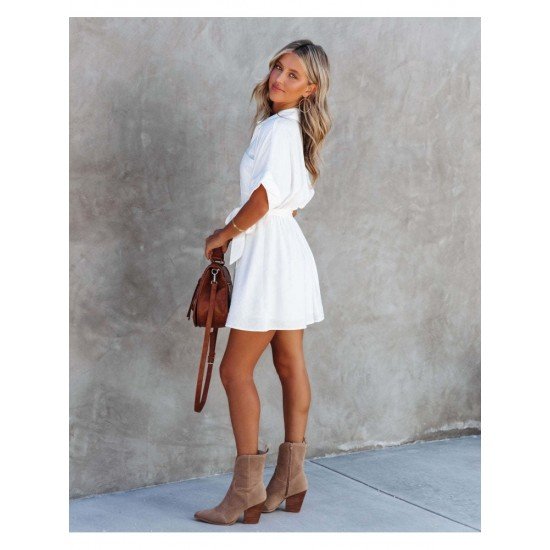 Casual Summer White Short Sleeve Shirt Dress