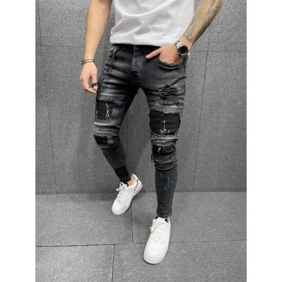 Patchwork Ripped Black Pencil Jeans For Men