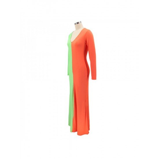  Sexy V-Neck Contrast Color Women's Long Dress