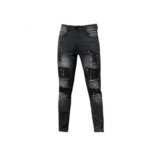 Patchwork Ripped Black Pencil Jeans For Men