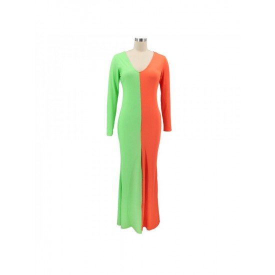  Sexy V-Neck Contrast Color Women's Long Dress