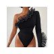 Trendy Black One Shoulder Patchwork Bodysuits