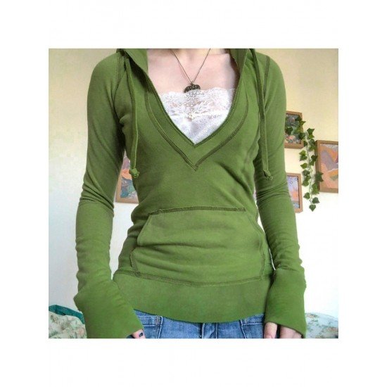 Casual Avocado Green Long Sleeve Hooded Top