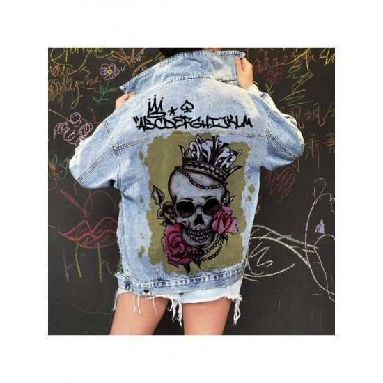 Spring Skull Pattern Women Denim Jacket Coats