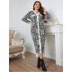  V Neck Houndstooth Women's Long Sleeve Dress