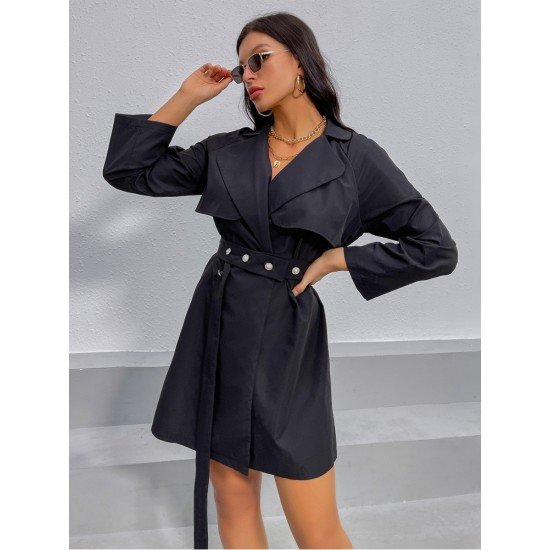 Women Black Long Sleeve Knee Length Jacket Coats