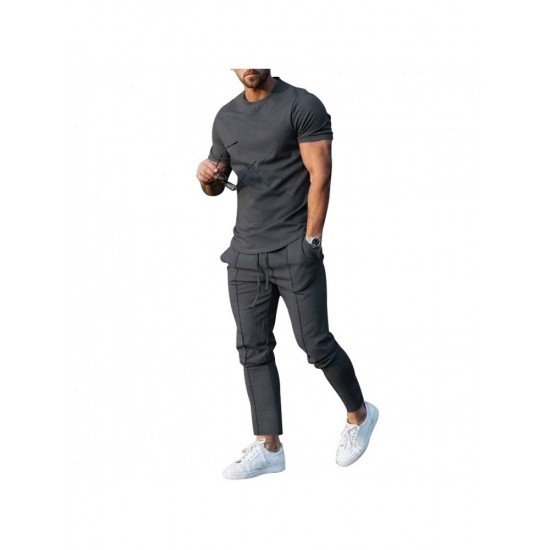  Men Solid Casual Short Sleeve Two Piece Pants Set