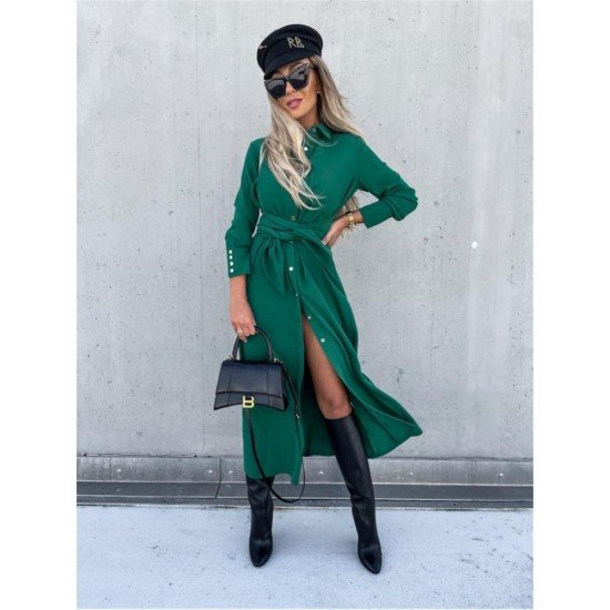  Pure Color Split Long Sleeve Dress