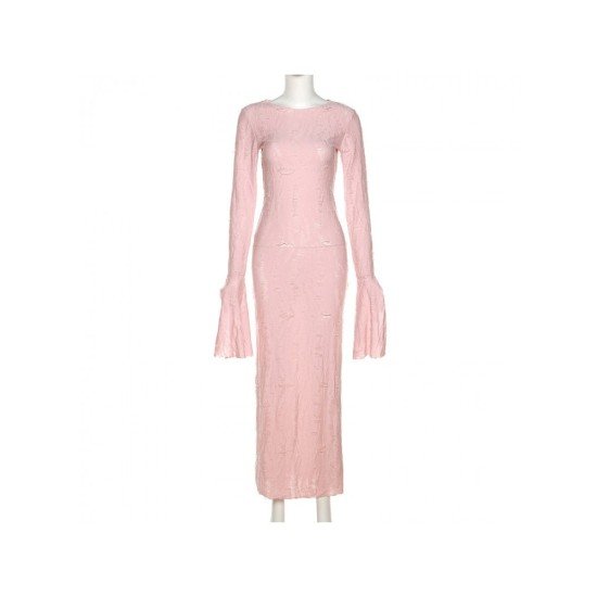 Ripped Ladies Pink Long Sleeve Maxi Dresses