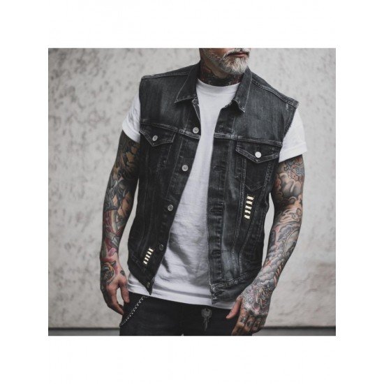  Retro Sleeveless Printing Men's Denim Jacket