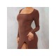  Casual Pure Color Split Hem Long Sleeve Dress