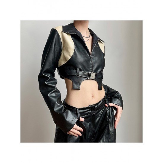 Leather Patchwork Contrast Color Cropped Motorcycle Jackets