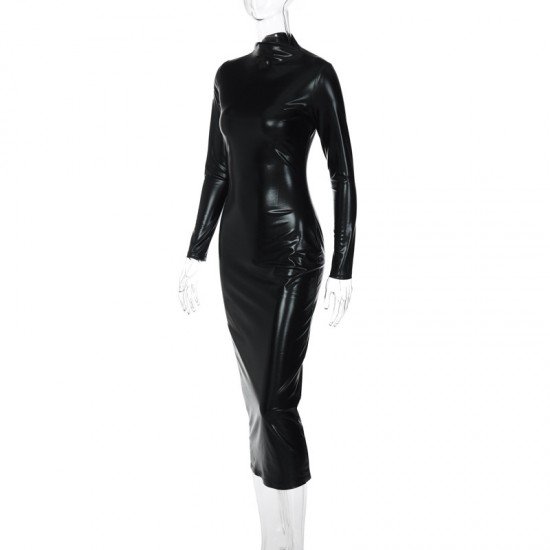 Latest Black PU Leather Long Sleeve Dresses