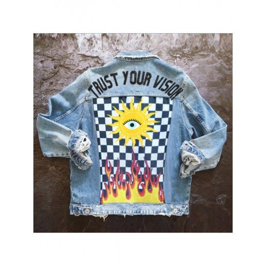 Grid Printed Denim Jacket Coats For Women