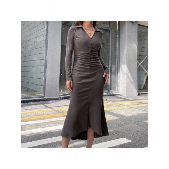 Causal V Neck Long Sleeve Slit Maxi Dresses 