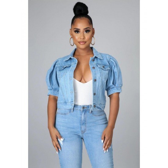 Basic Style Puff Sleeve Denim Jacket