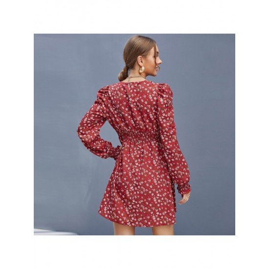 Red Floral Puff Sleeve V Neck Short Dress