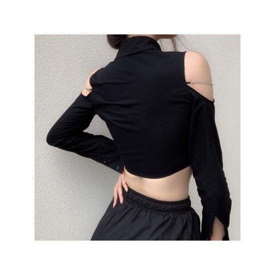 Cold Sleeve Black Cropped Blouse For Ladies 