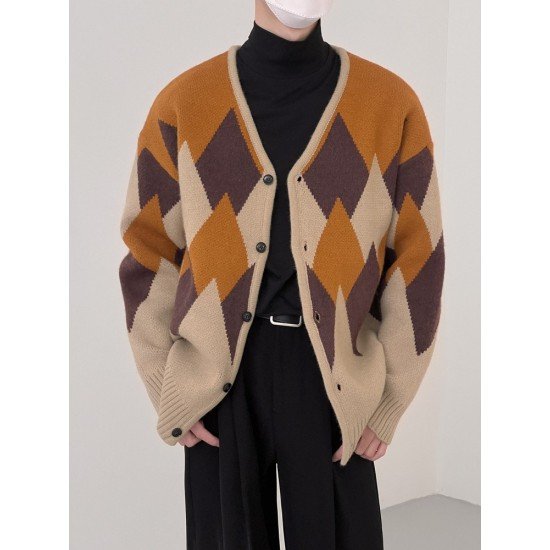  Rhombus Lattice Color Blocking Vintage Cardigan For Men